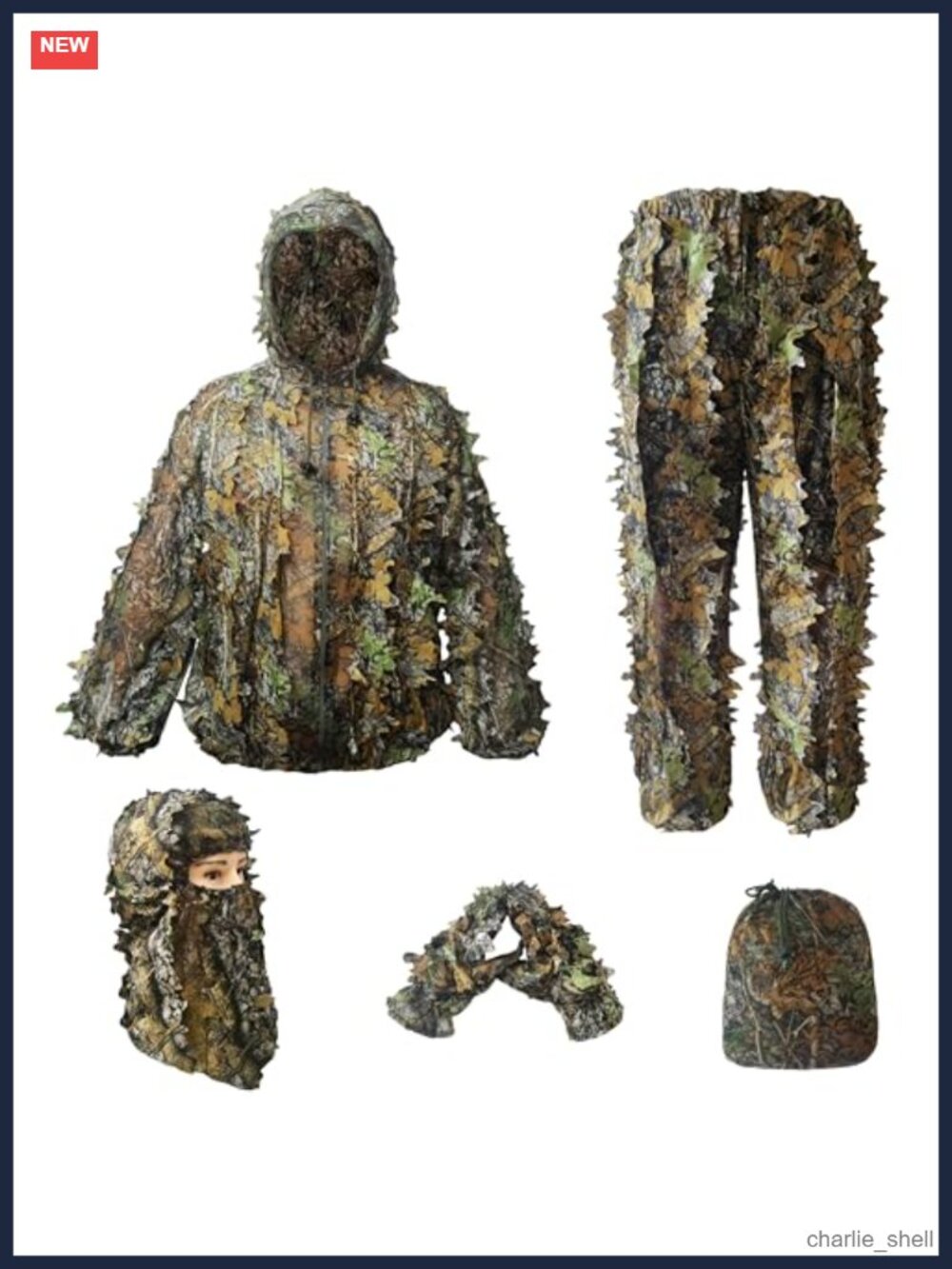 3D Leafy Camo Hunting Suit Ghillie Jacket Pants Mask Gloves Bag Set